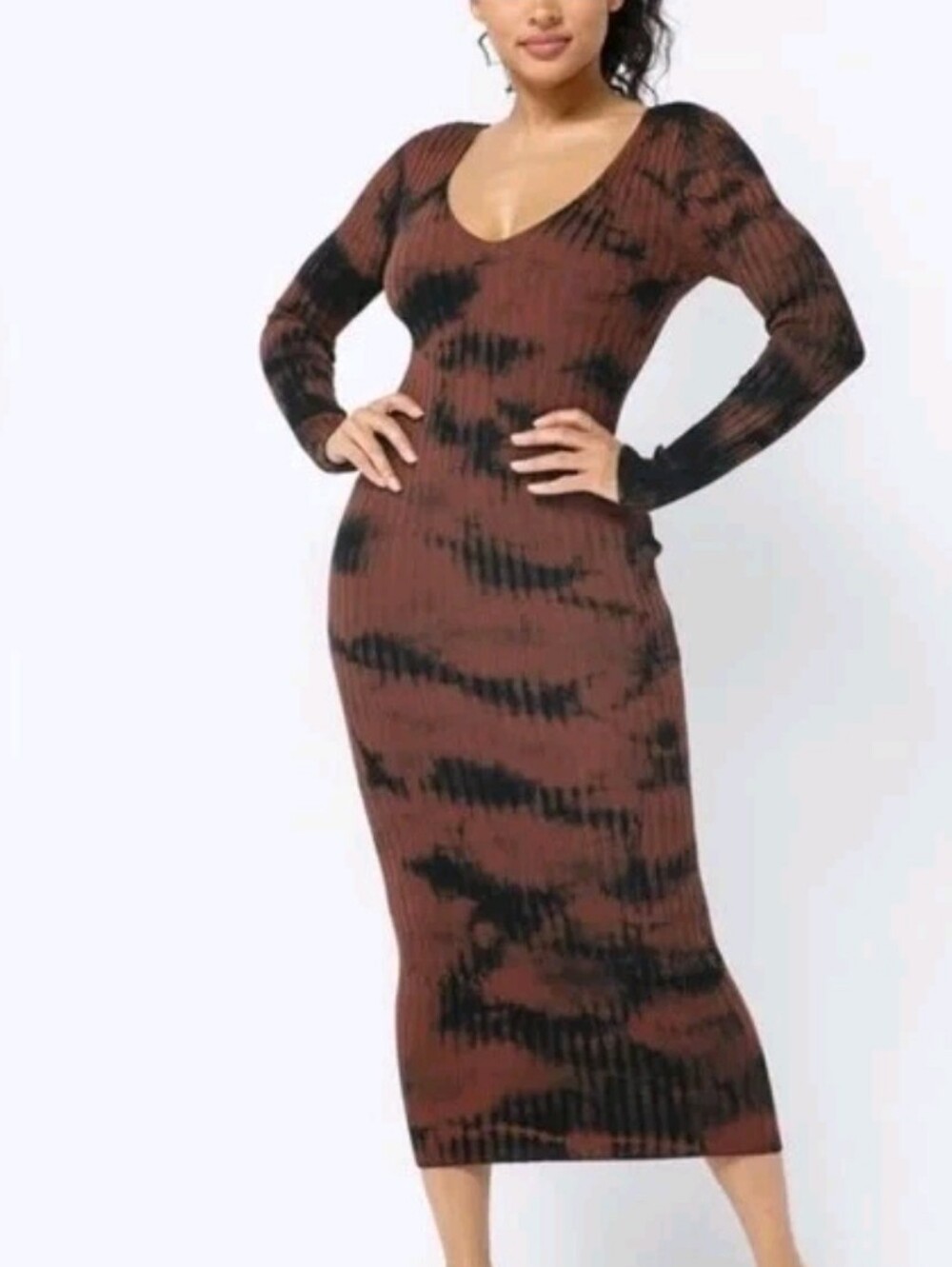 NWT Hera Collection Ribbed Bodycon Midi Dress Low Cut Long Sleeve Tie Dye SM